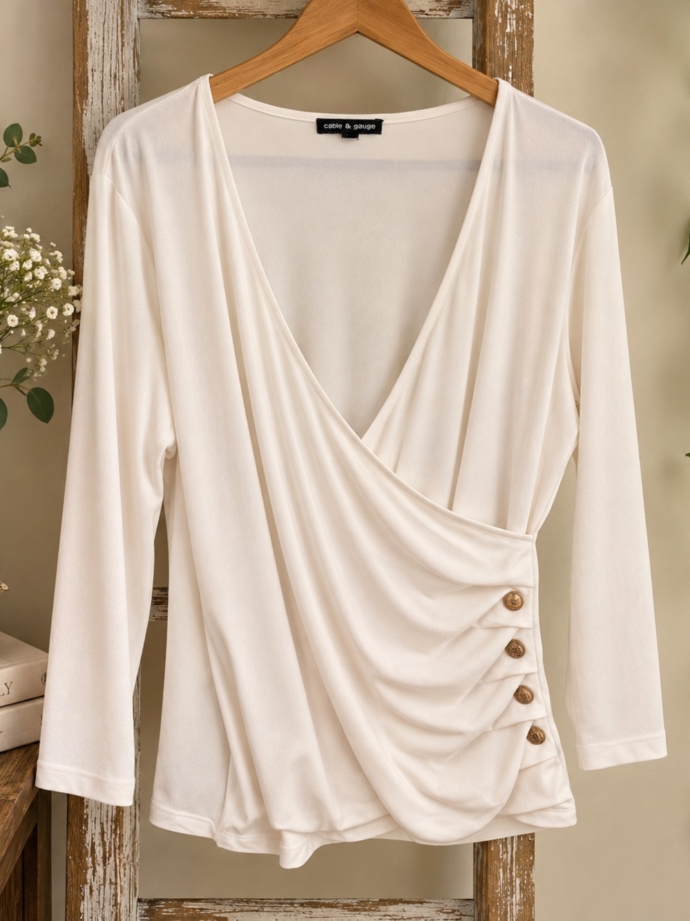 Cable & Gauge Ivory Faux Wrap Draped Gold Button Long Sleeve Top PTP 23"